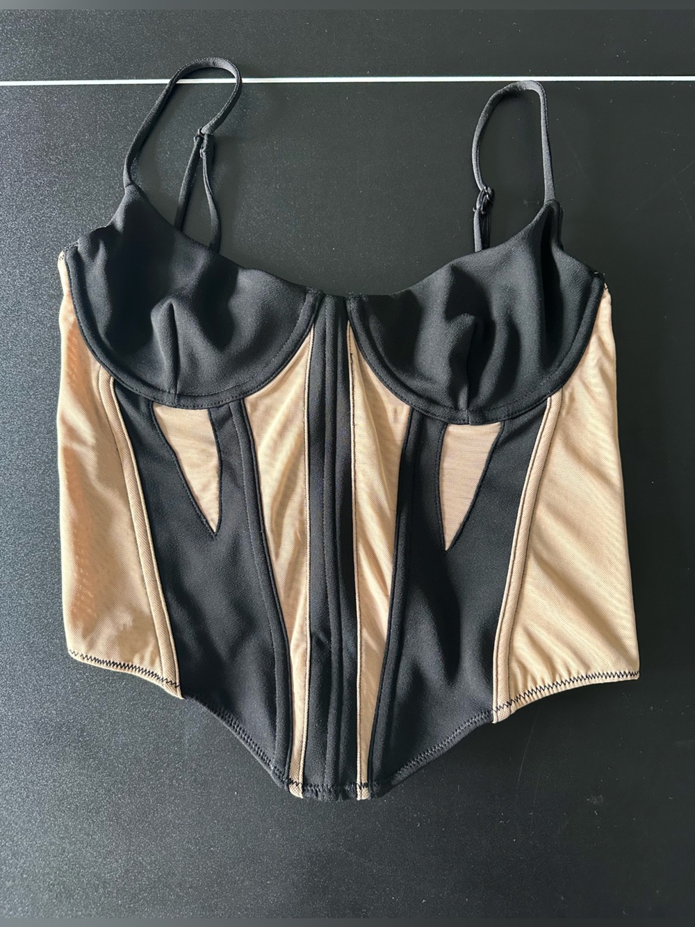 White Fox Black and Nude Satin Bustier Top